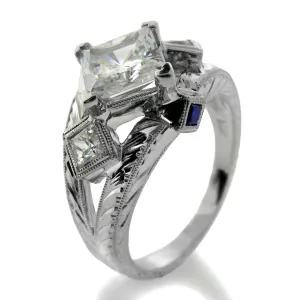 1.5 Carat Princess Cubic Zirconia Kite Positioned Center Hand Engraved Shank 14k W Gold
