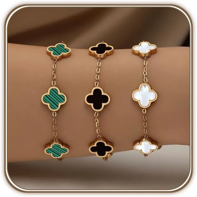 18K Gold Plated Clover Bracelet Set for Women White/Black/Gold/Silver/Green/Pink Adjustable Link Double-Sided Lucky Bracelets Trendy Bracelets Set Jewelry Gifts for Women Men