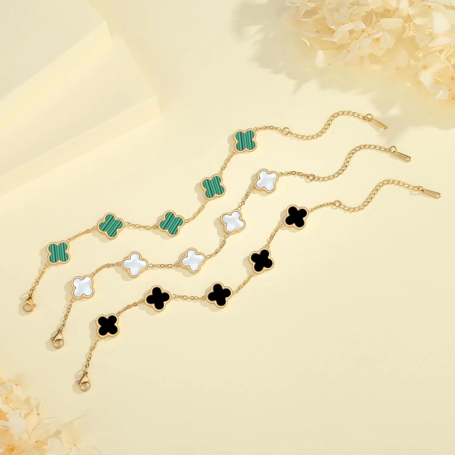 18K Gold Plated Clover Bracelet Set for Women White/Black/Gold/Silver/Green/Pink Adjustable Link Double-Sided Lucky Bracelets Trendy Bracelets Set Jewelry Gifts for Women Men
