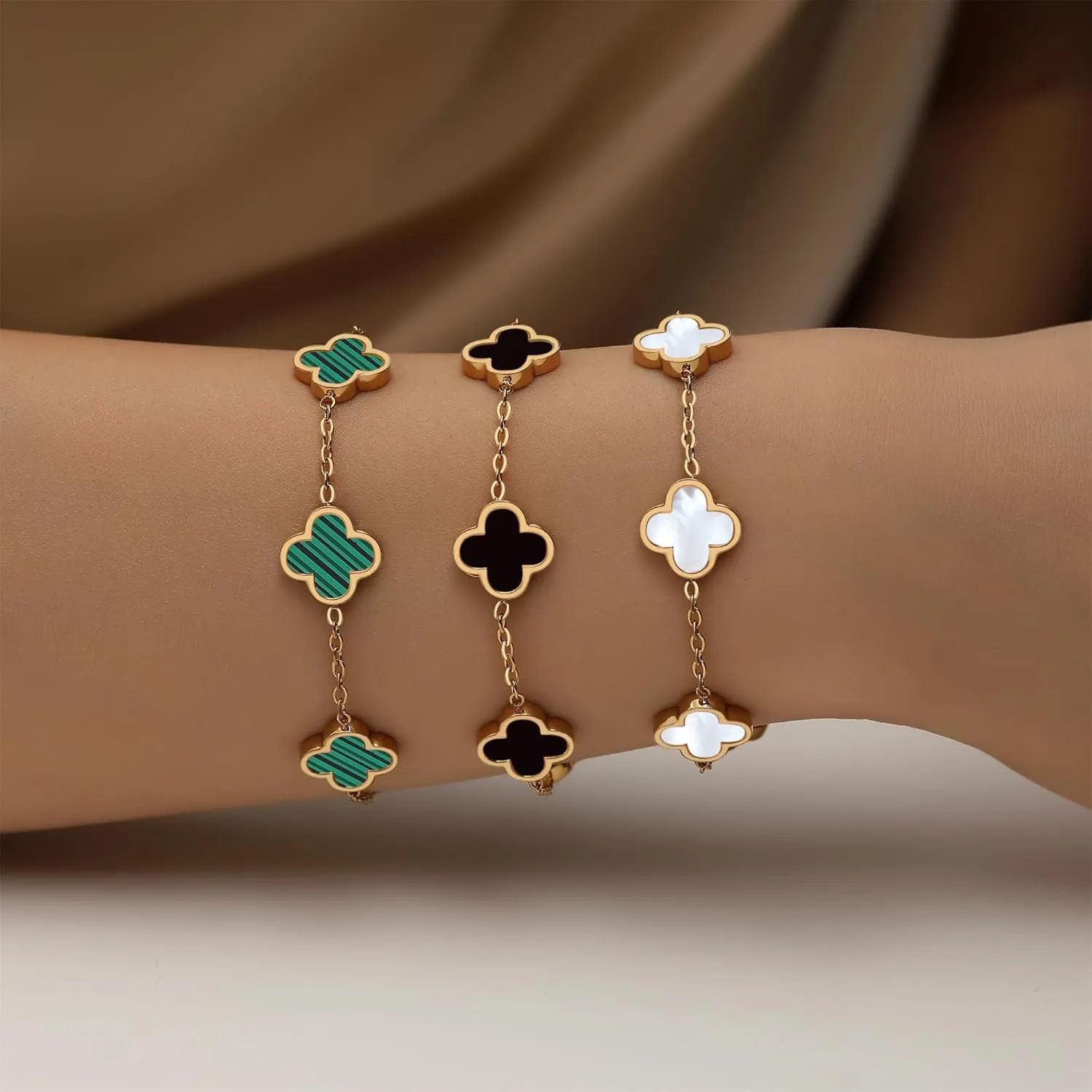 18K Gold Plated Clover Bracelet Set for Women White/Black/Gold/Silver/Green/Pink Adjustable Link Double-Sided Lucky Bracelets Trendy Bracelets Set Jewelry Gifts for Women Men