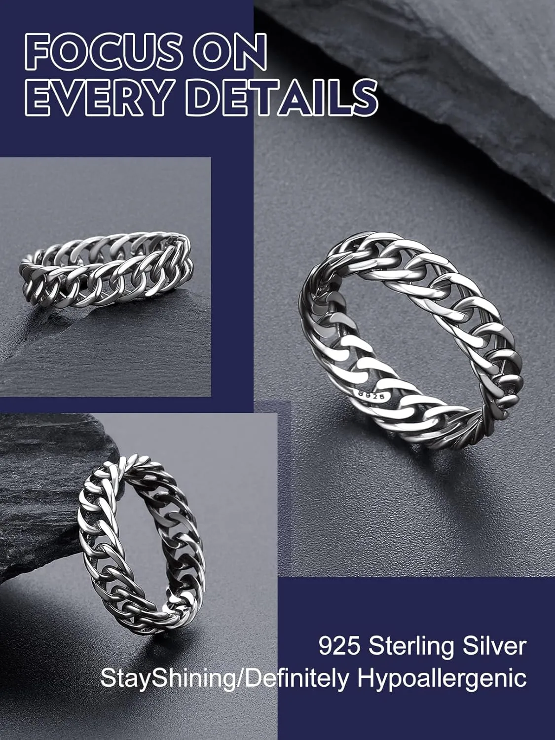Bandmax Sterling Silver Rings for Men Women 5MM Wide Chunky Band Ring Classic Minimalist 925 Silver Rings Pinky Ring Cocktail Ring Wedding Ring