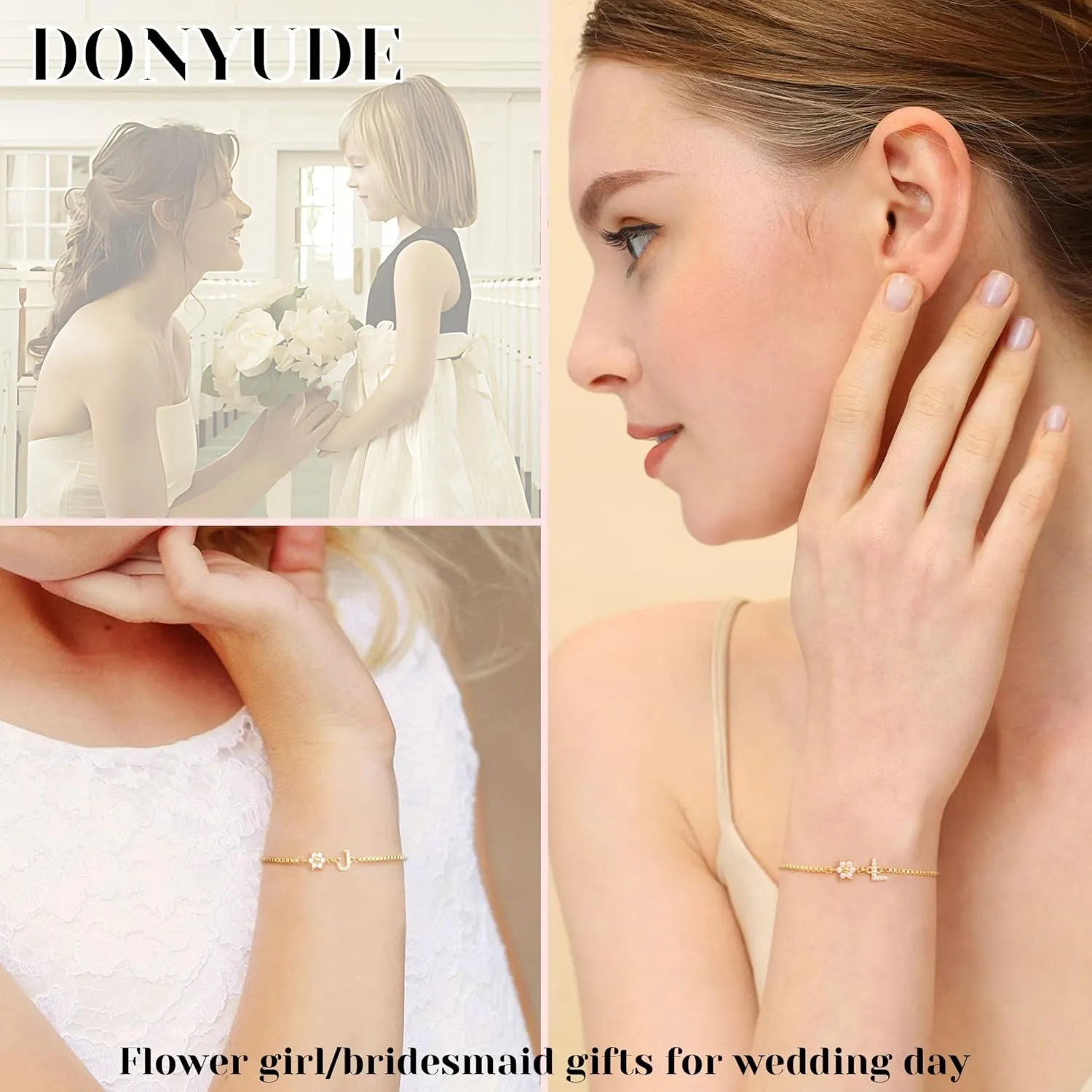 Bridesmaid Proposal Gifts Initial Bracelet for Women with Flower Pearl Bracelets for Teen Girl with Letter 14k Gold Plated Bracelet with Floral Adjustable Wedding Flower Girl Gift Junior Bridesmaid Bracelets Jewelry