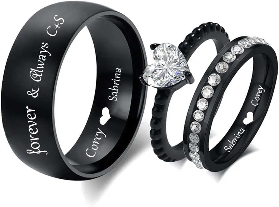 Customizable Matching Promise Rings for Couples Black, 3 Piece Wedding Ring Sets for Him and Her ,Heart Shaped Engagement Ring Cubic Zirconia,Promise Rings for Him and Her Titanium Rings for Men Women Wedding Band Size 5-13