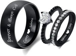 Customizable Matching Promise Rings for Couples Black, 3 Piece Wedding Ring Sets for Him and Her ,Heart Shaped Engagement Ring Cubic Zirconia,Promise Rings for Him and Her Titanium Rings for Men Women Wedding Band Size 5-13