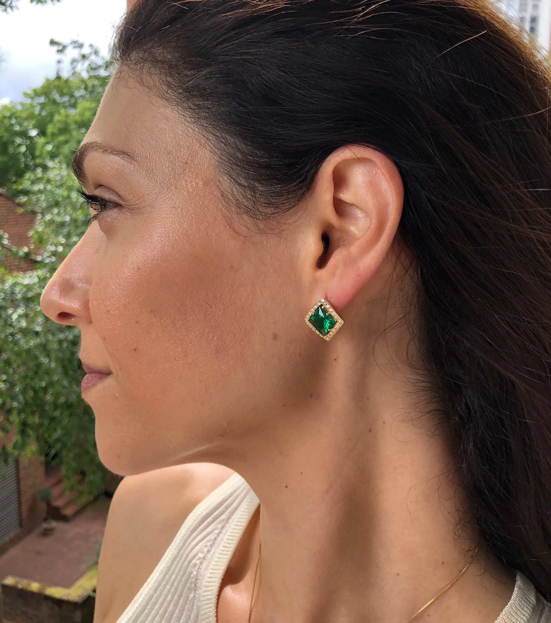 Gold Emerald Earrings - Green Square Studs, Vintage Emerald Earrings