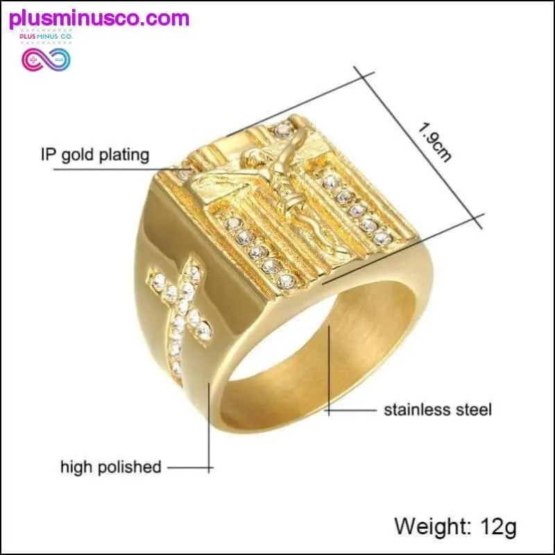 Jesus Cross White Cubic Zirconia Ring for Men Gold Tone