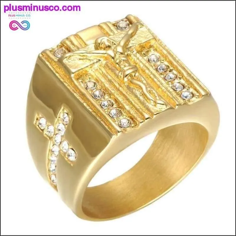 Jesus Cross White Cubic Zirconia Ring for Men Gold Tone