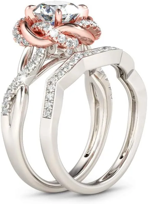 Jeulia Halo Solitaire Engagement Rings for Women Sterling Silver Floral Flower Rings Rose Gold Plated Diamond Ring Round Cut Bridal Ring Set Anniversary Promise Rings for Her