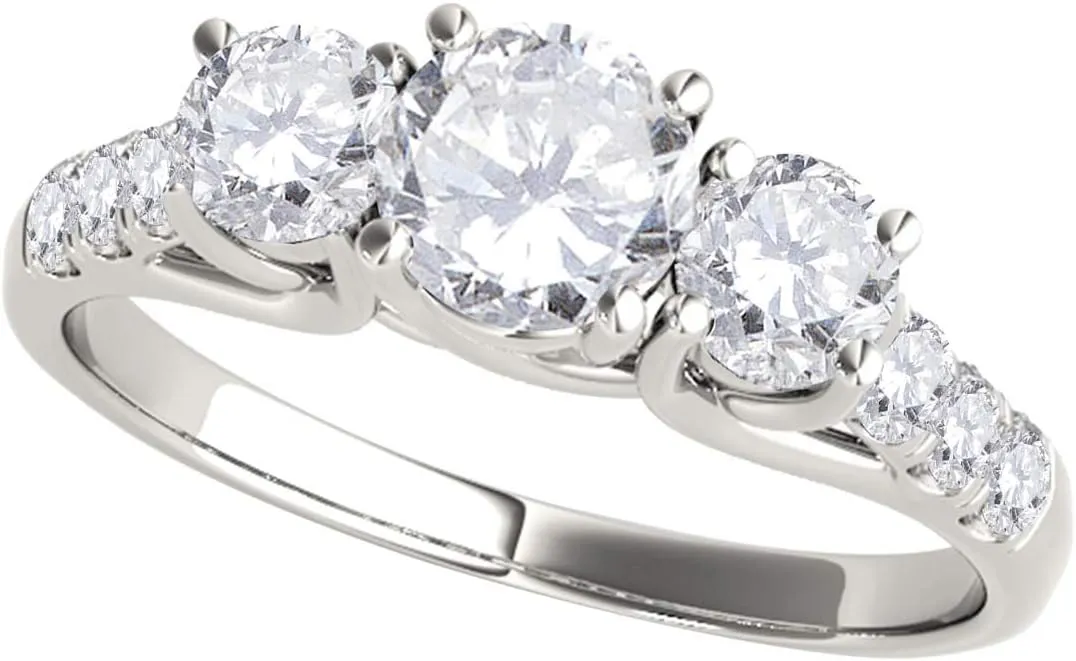 MauliJewels 0.50 Ct. Three-Stone Diamond Engagement Ring - Halo Round Cut Classic Design in 14K Solid White Yellow Rose Gold for Women