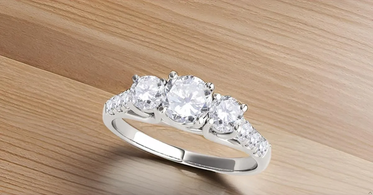 MauliJewels 0.50 Ct. Three-Stone Diamond Engagement Ring - Halo Round Cut Classic Design in 14K Solid White Yellow Rose Gold for Women