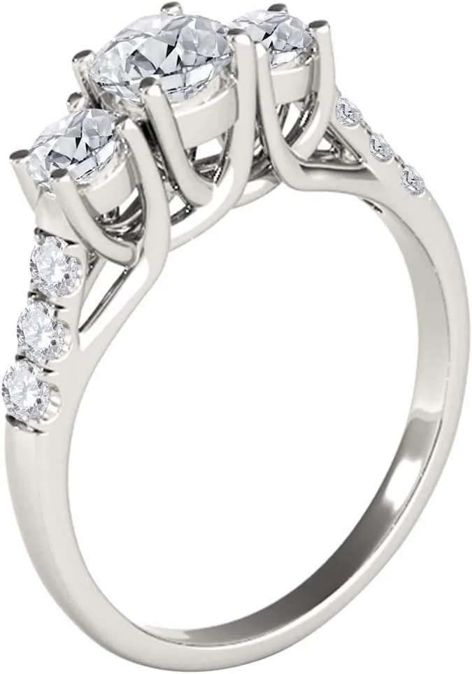 MauliJewels 0.50 Ct. Three-Stone Diamond Engagement Ring - Halo Round Cut Classic Design in 14K Solid White Yellow Rose Gold for Women