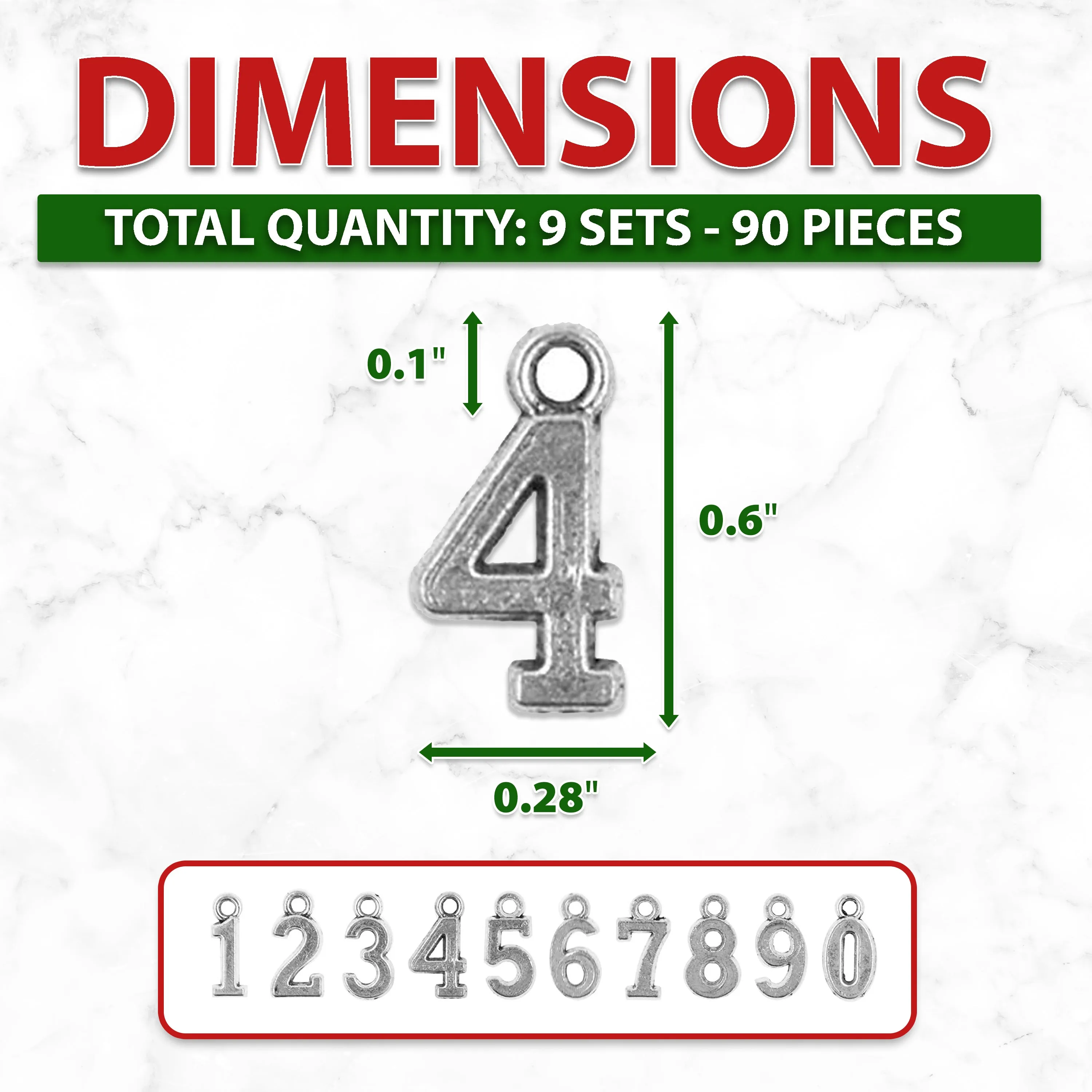 Number Charms for Necklaces, Bracelets, Pendants, Jewelry Making, 0-9 Metal Craft Numbers, 9 Sets 90 PCs, by Mandala Crafts