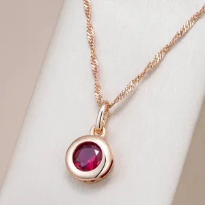 Shiny Red Natural Zircon Pendant Necklace  Rose Gold Ethnic Vintage Jewelry