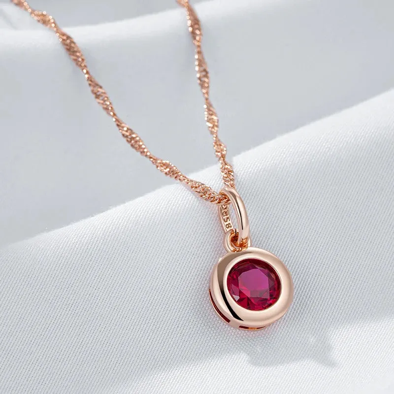 Shiny Red Natural Zircon Pendant Necklace  Rose Gold Ethnic Vintage Jewelry