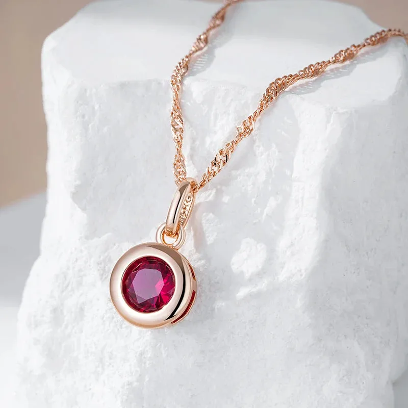 Shiny Red Natural Zircon Pendant Necklace  Rose Gold Ethnic Vintage Jewelry