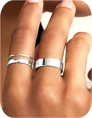Silver Rings for Women Non Tarnish, Gold Wedding Bands for Men, Stainless Steel Chunky Knuckle Pinky Ring Set for Jewelry Gift Size 5-13