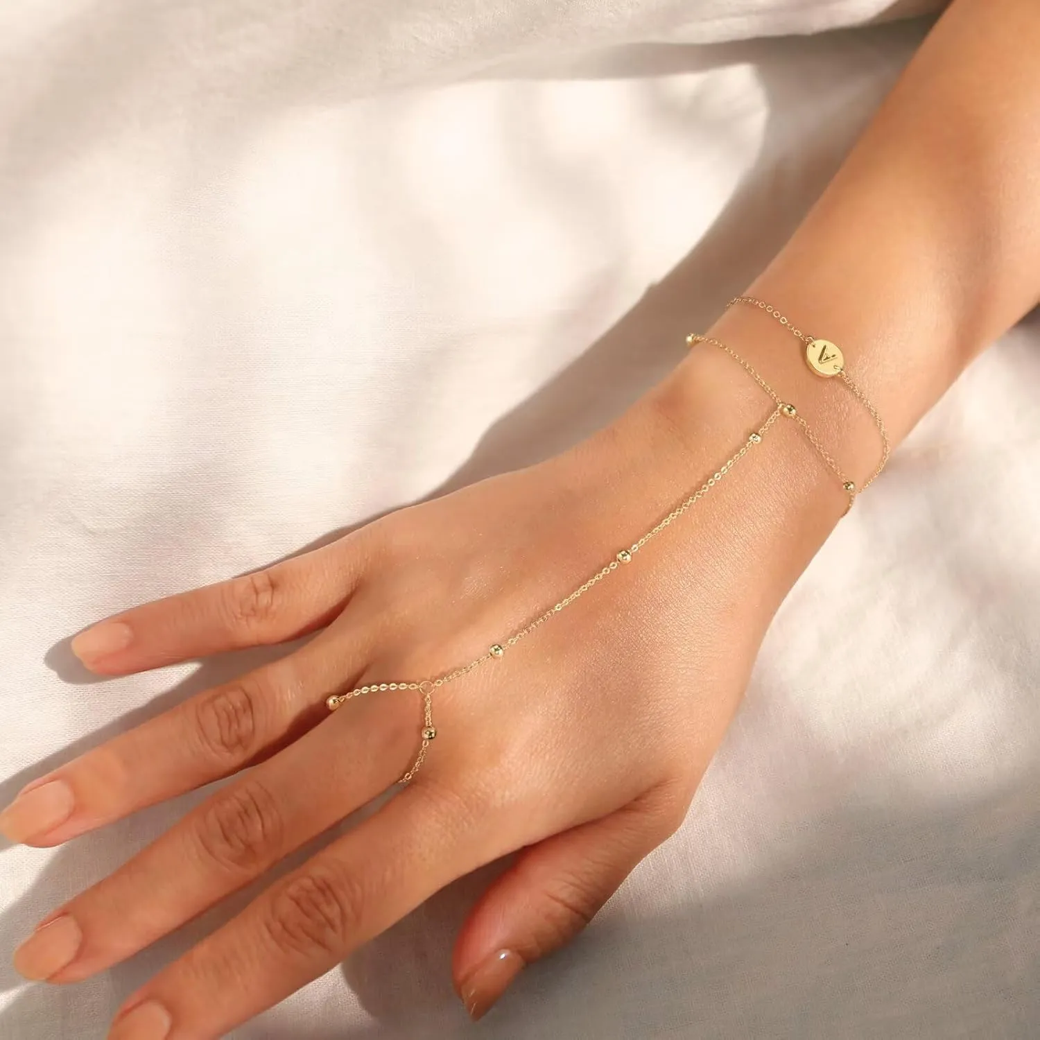 Turandoss Disc Initial Hand Chain Bracelet for Women, Trendy 14K Gold Plated Layered Disc Letter A-Z Ring Link Chain Charm Stackable Bracelet Set Hand Jewelry Gifts for Women