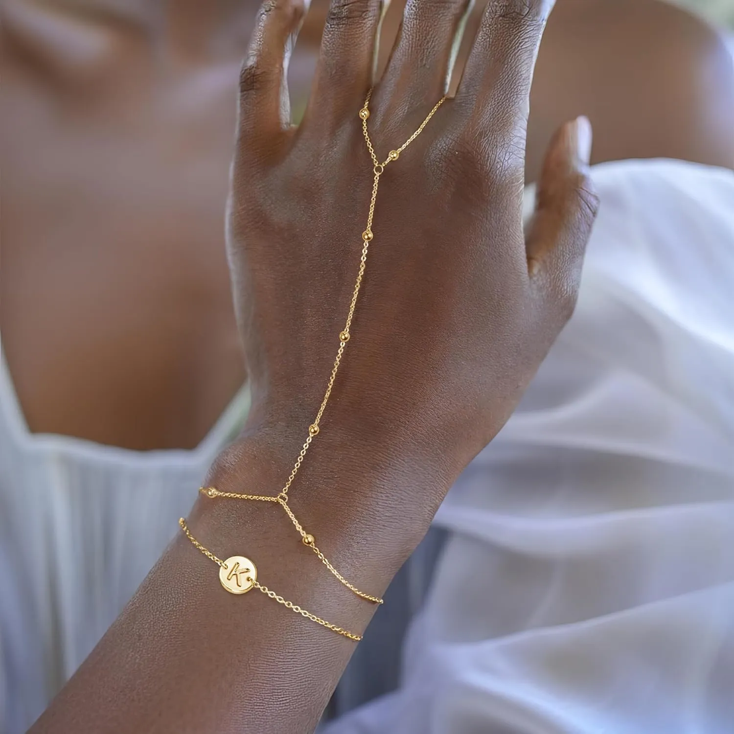 Turandoss Disc Initial Hand Chain Bracelet for Women, Trendy 14K Gold Plated Layered Disc Letter A-Z Ring Link Chain Charm Stackable Bracelet Set Hand Jewelry Gifts for Women