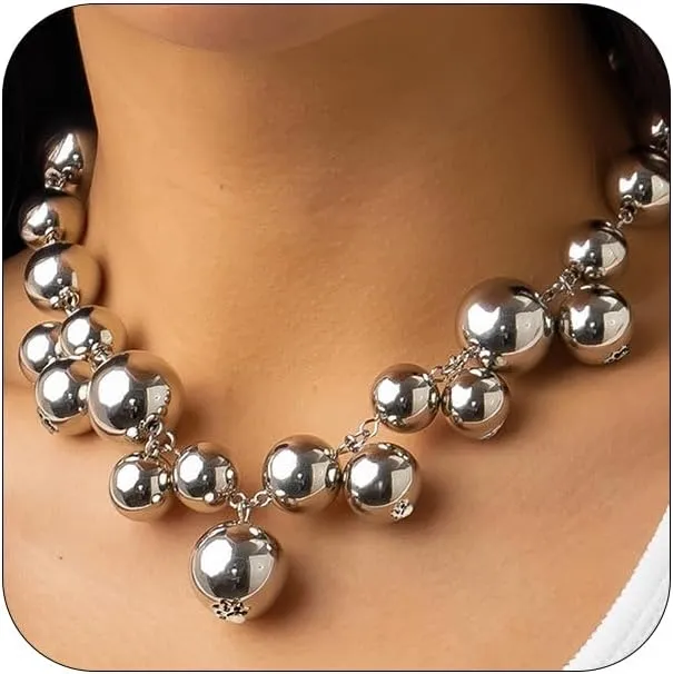 Unique Large Chunky Gold Beads Choker Necklaces for Women Trendy, Statement Big Thick Silver Beaded Bold Ball Necklace Punk Party Prom Jewelry Gifts