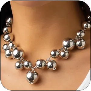 Unique Large Chunky Gold Beads Choker Necklaces for Women Trendy, Statement Big Thick Silver Beaded Bold Ball Necklace Punk Party Prom Jewelry Gifts