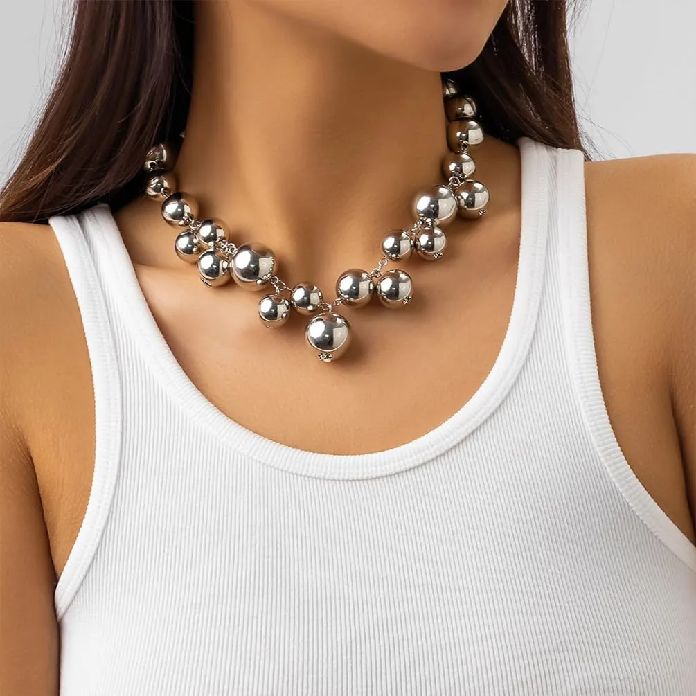 Unique Large Chunky Gold Beads Choker Necklaces for Women Trendy, Statement Big Thick Silver Beaded Bold Ball Necklace Punk Party Prom Jewelry Gifts
