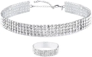 Zealmer 18K Gold Plated 1-6 Rows Rhinestone Choker Necklace & Bracelets Set Bridal Jewelry